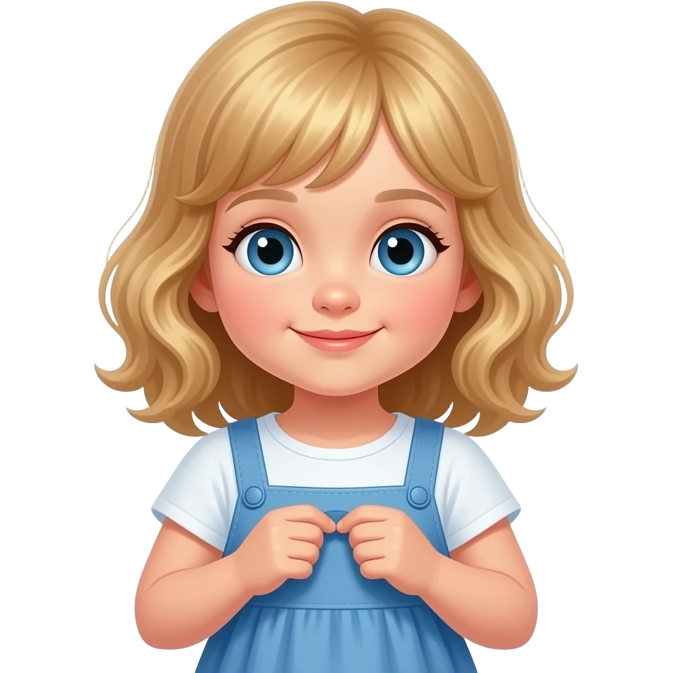 white kid blue eyes mid length with bangs soft curly hair to shoulders in color: middle to little darker blonde, in a dress, putting on clothes emoji