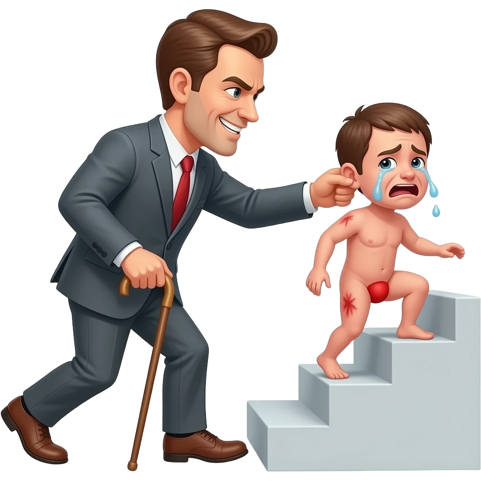 A cruelly smiling clothed man with a thin cane is marching a small, crying, naked man up a flight of stairs by the ear, his red buttocks are very bruised. emoji