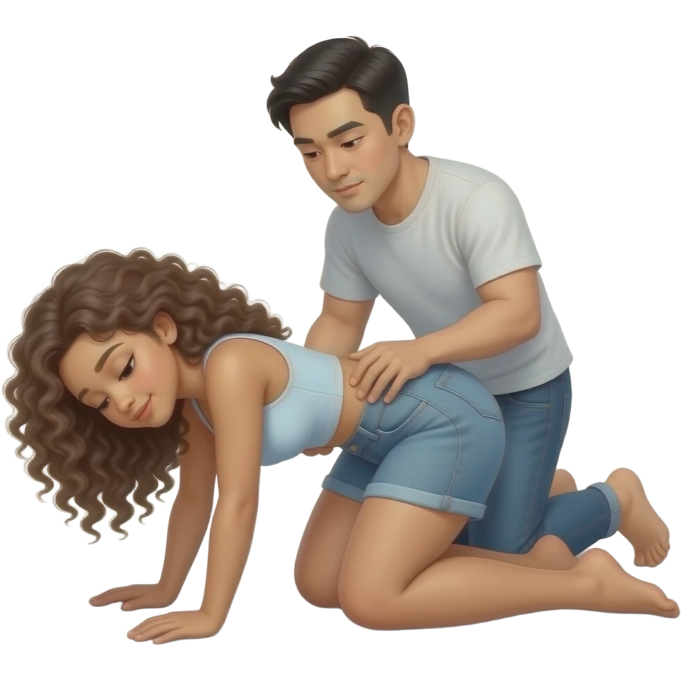 Curly and Thick White Woman with small waist and large legs laying on her knee and on her head with an asian man behind grabbing her waist emoji