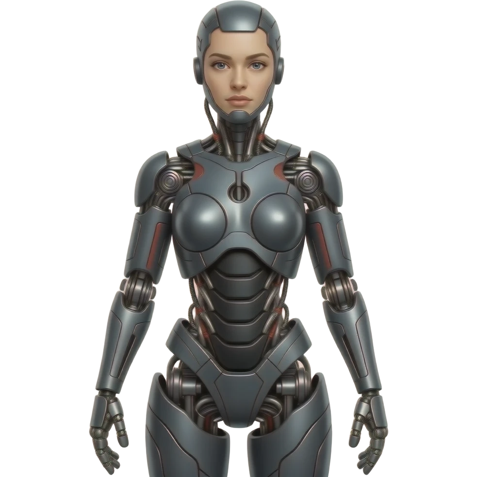 A mechanical woman made of dark gray steel with black and red markings,no human features, only robot features, entire body, full body, emoji