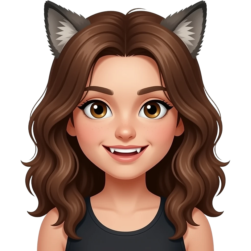 Werewolf girl with brown hair wavy hair, fangs young teen emoji