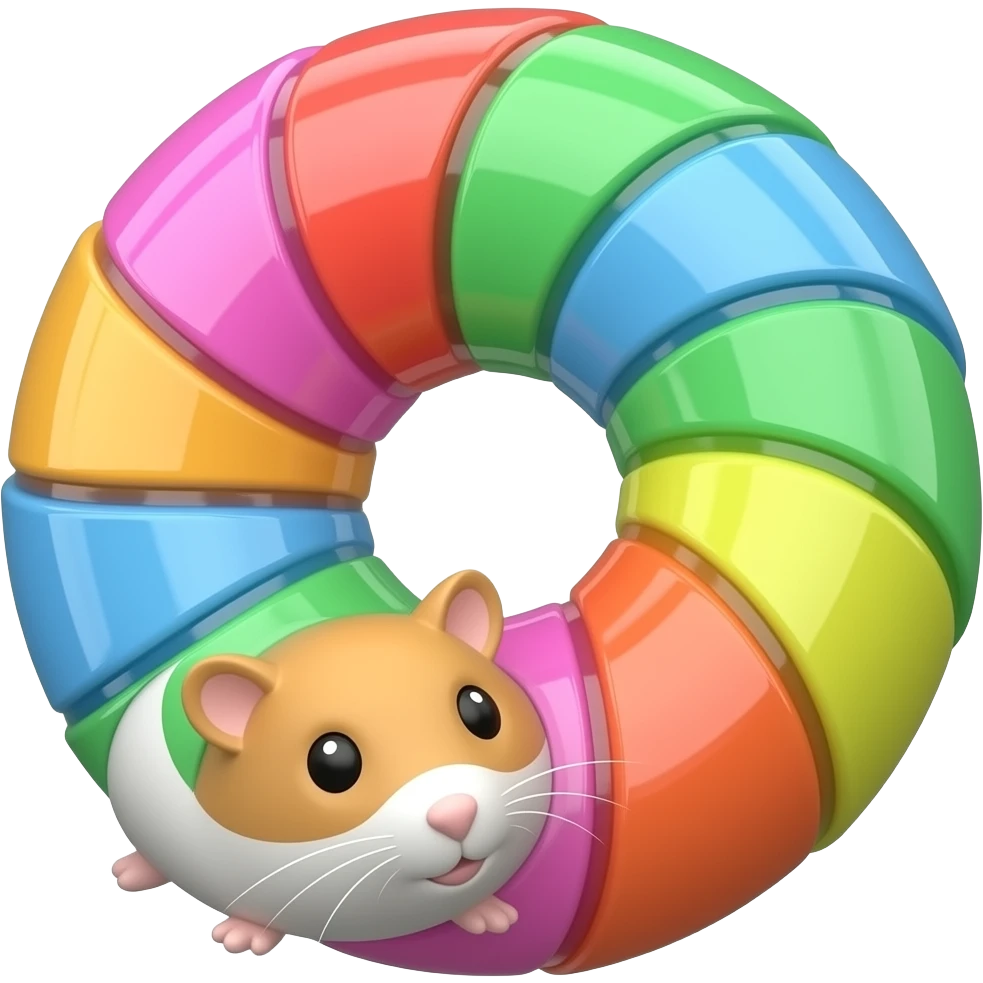 Create a cute 3D emoji icon of a colorful hamster tunnel toy, curved tube shape with bright sections and round openings. No hamster, no animal, no character. Glossy plastic, soft shadows, centered on transparent background, no text. emoji