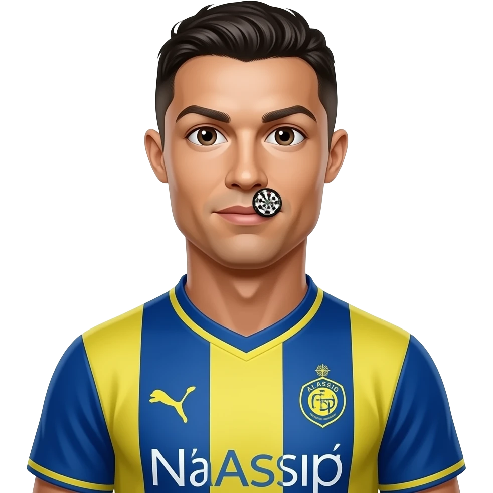 Cristiano Ronaldo, same Al Nassr jersey, front-facing medium emoji portrait, bright 3D cartoon style, one tiny 🎯 target hidden in beard shadow, colorful mobile game vibe, no text. emoji