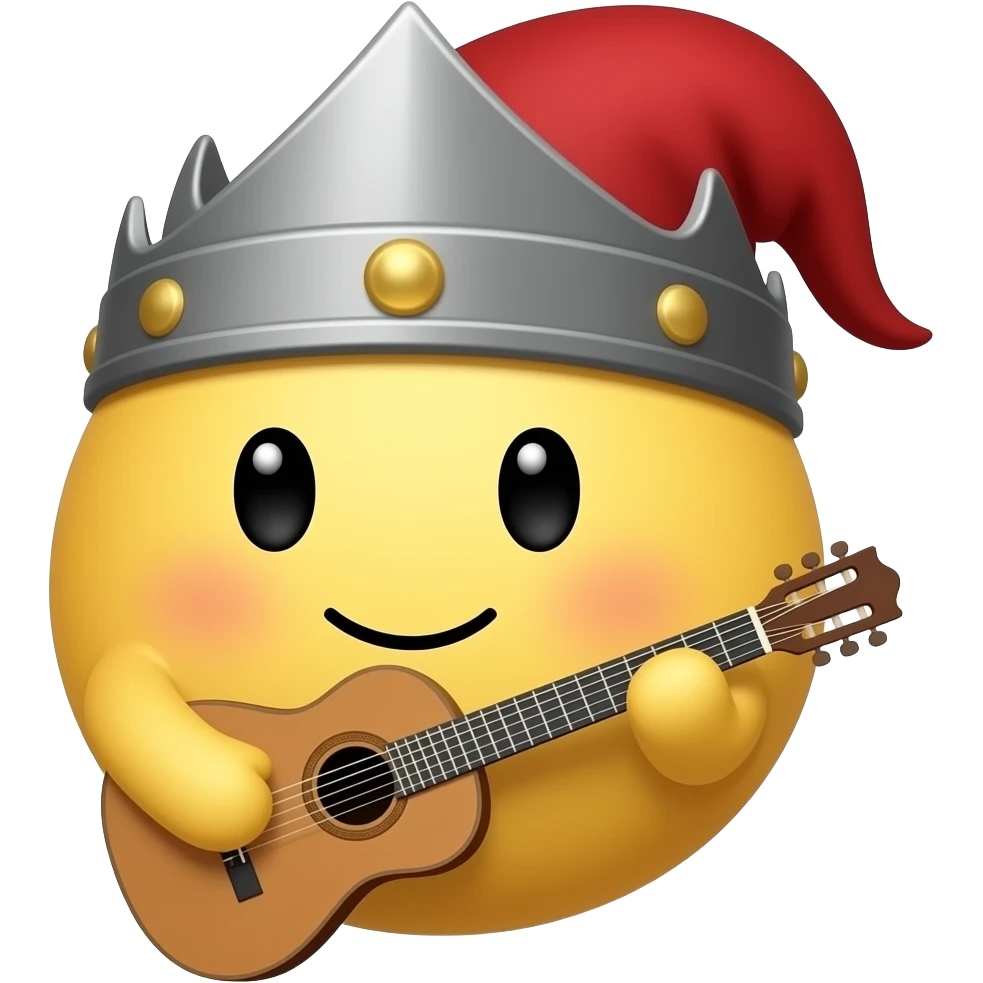 verry round yellow face emoji with a "medieval bard hat" and a bard instrument, "no hands" emoji