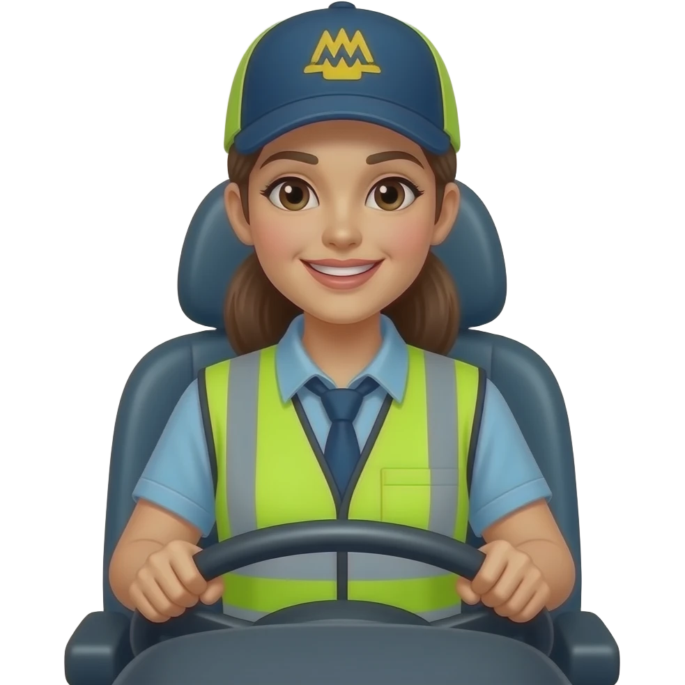 Female bus driver, wearing hi-viz & cap friendly expression sitting in front of a steering wheel emoji