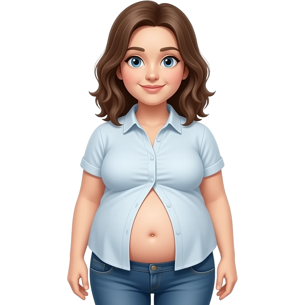 a girl with a huge stomach that is full to bursting,so bloated that she gets a tummyache,her bellybutton is poking out and her shrunk tight shirt buttonholes are at breaking point. emoji