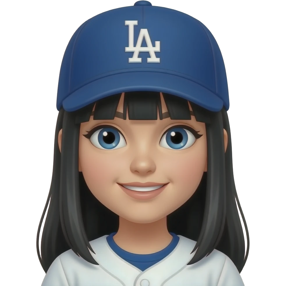 Dodger baseball fan with Dodger hat White girl with long black hair with bangs and very blue eyes emoji
