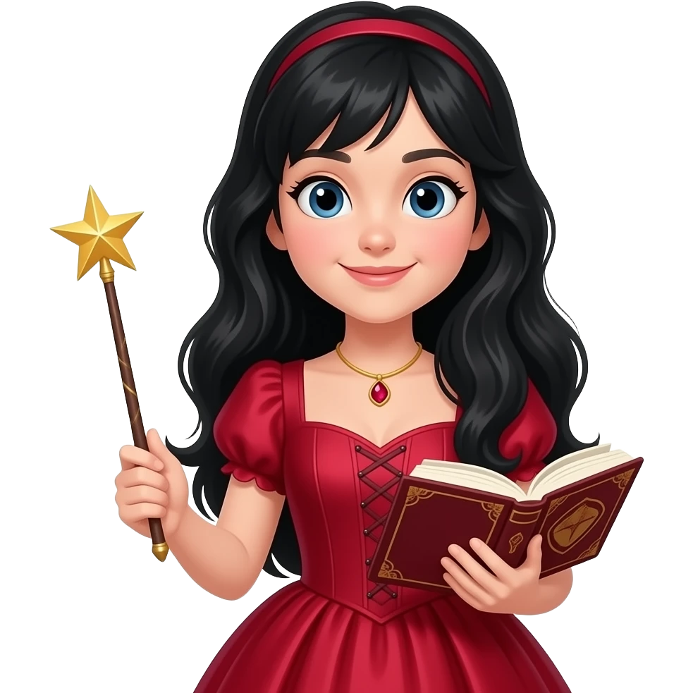 Create red ruby long blackhair girl holding a  wand and book being silly emoji