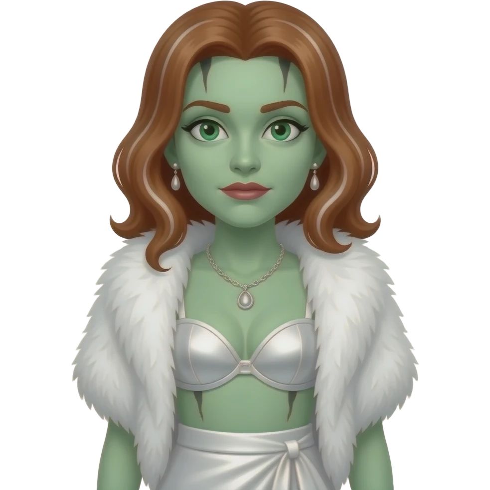 Bride of Frankenstein with pale green skin, green eyes, auburn hair with white stripes, white fur shawl, white metallic bra, white metallic long wrap skirt, necklace and earrings emoji