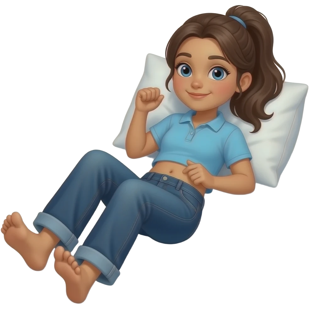 Hispanic girl with brown ponytail and blue eyes light blue and dark blue polo and dark blue baggy jeans and belly button laying down on her pillow on her bed showing her feet belly shaking emoji
