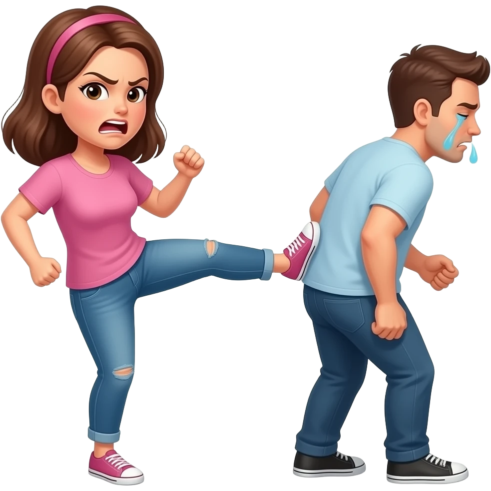 A woman that is angrily kicking a man’s ass while he is crying emoji