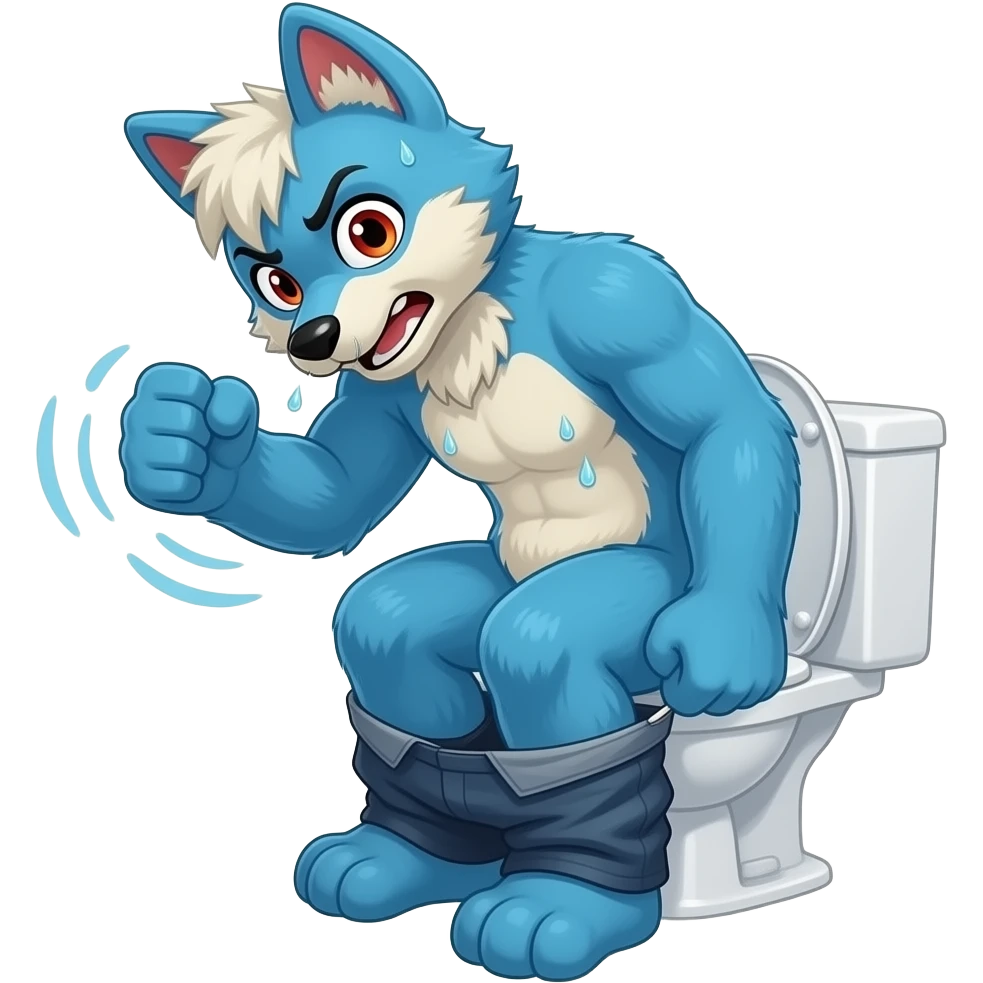blue fursuit sitting on toilet, side view , pants down, pushing, straining face,  uncomfortable, both fists, sweating, red face emoji