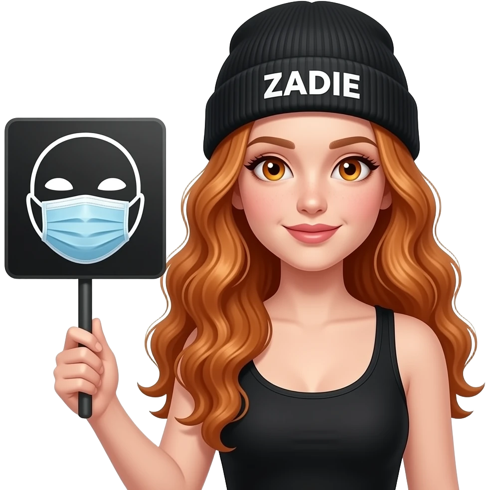 sexy girl with overlong wavy ginger hair and ginger eyes wearing a black tanktop and a black beanie with ZADIE written on it, is holding a black sign with 😷 on it emoji