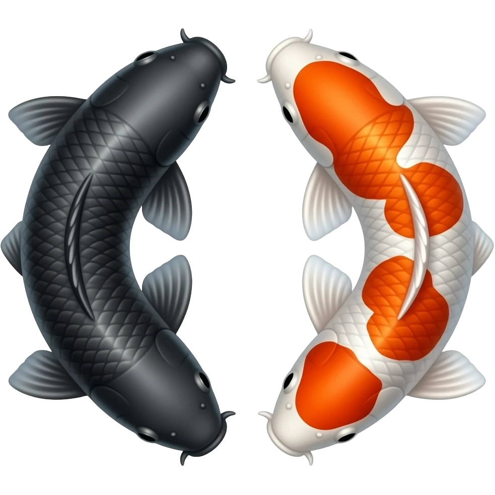 aerial view of two koi fish swimming in a circle (one is black, one is orange and white), their heads should be in opposite directions emoji
