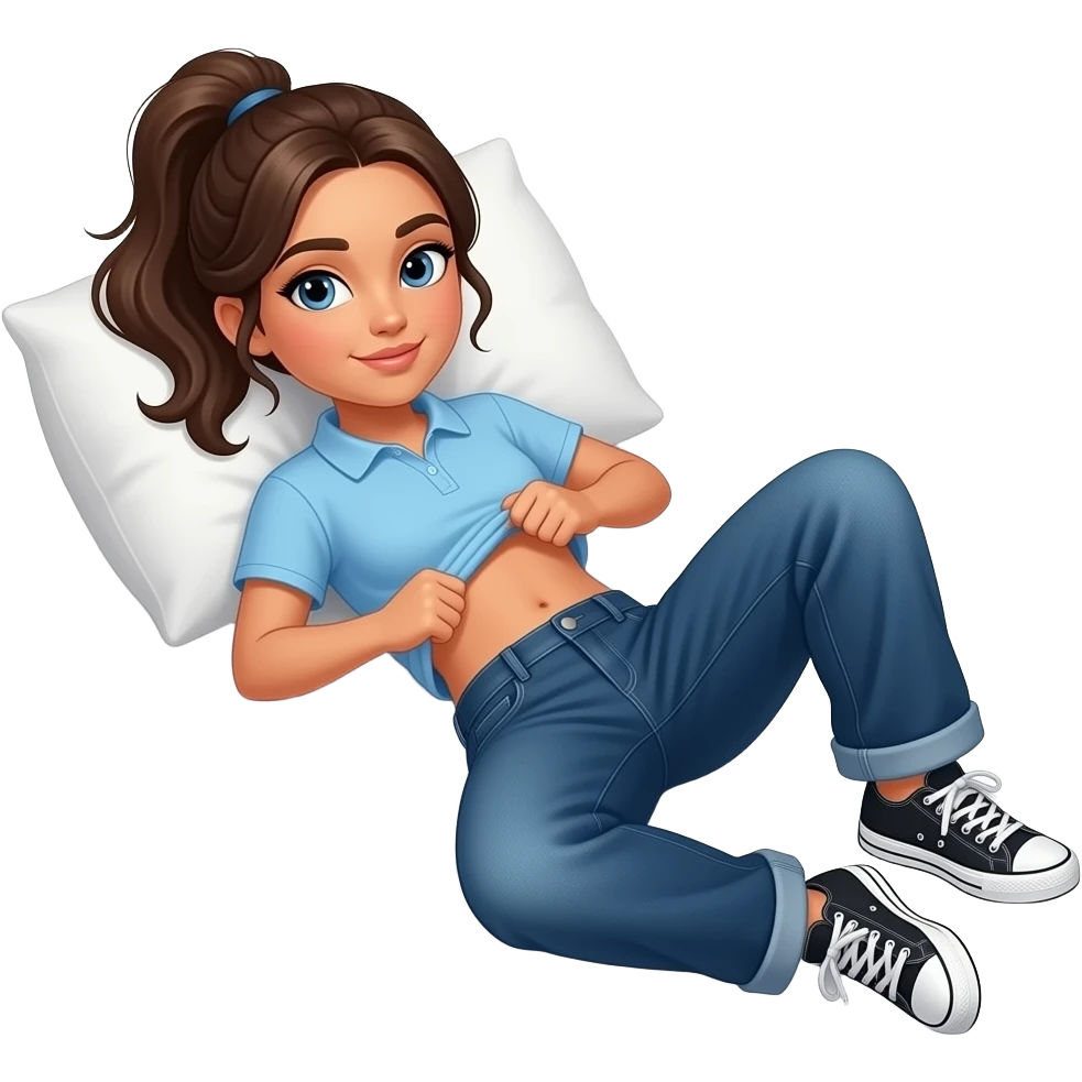 Hispanic girl with brown ponytail and blue eyes light blue and dark blue polo and dark blue baggy jeans and white and black sneakers and belly button laying down on her pillow on her bed lifting her shirt doing a belly rub emoji