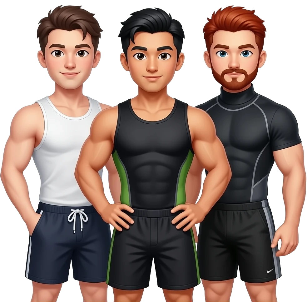 Gay throuple, one white guy with brown hair in a tank top and very short shorts, one muscular Asian man with great hair in a gym outfit, and one redhead with a mustache in a turtleneck emoji