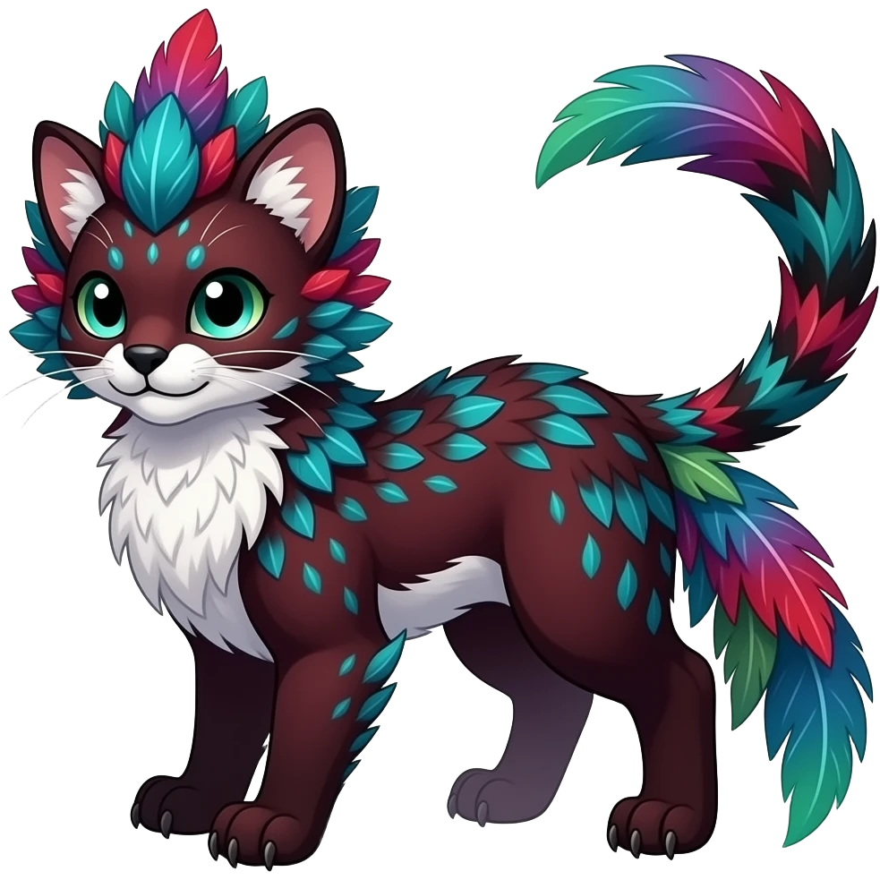 Colorful dark tropical feathery tribal dark burgundy wine-red obsidian-black jade-green white glorious iridescent divine exotic cute cool beautiful beautiful fantasy-caracal-civet-genet-sergal-vernid-Gryphon-Cacomistle-Trico-oncilla-animal-Fakémon-hybrid-fursona (full body)  SIMILAR emoji