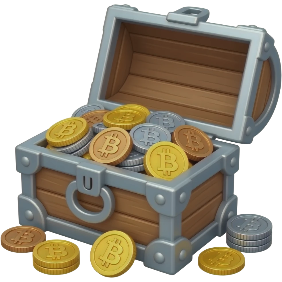 A  realistic, high definition, Treasure chest full of Gold, Silver, Bronze, and Dark Gray Titanium Bitcoins.  No coins outside. All coins inside. emoji