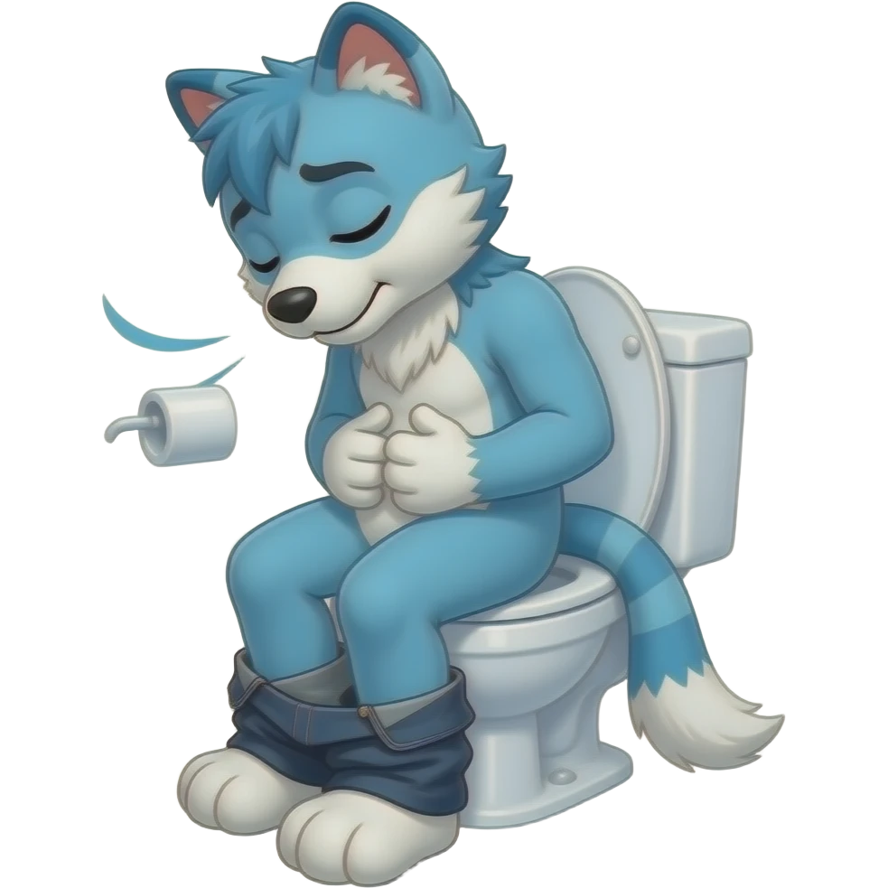 blue fursuit sitting on toilet, side view, pants down, hands on stomach, straining, eyes closed emoji