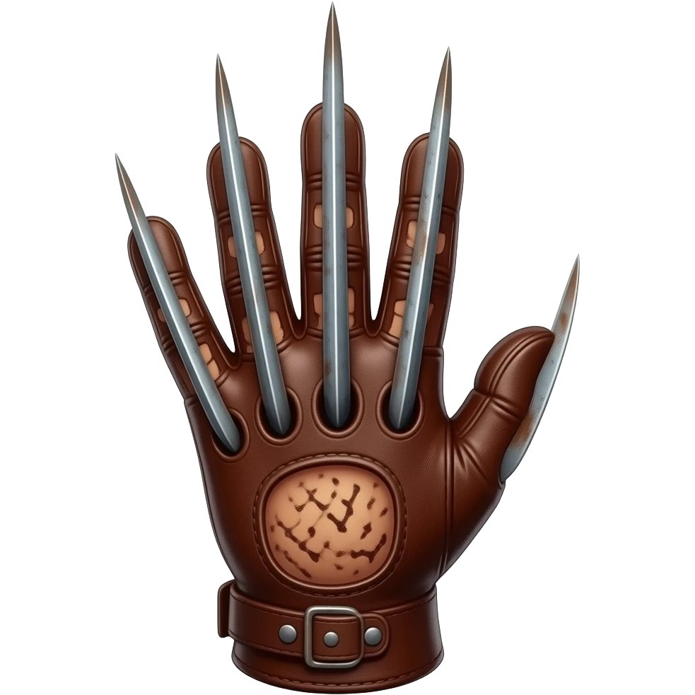 Freddy Kruger Glove, brown leather, large sharp blades attached vertically to the fingers, rust colored steel pieces on the back hinged together. emoji