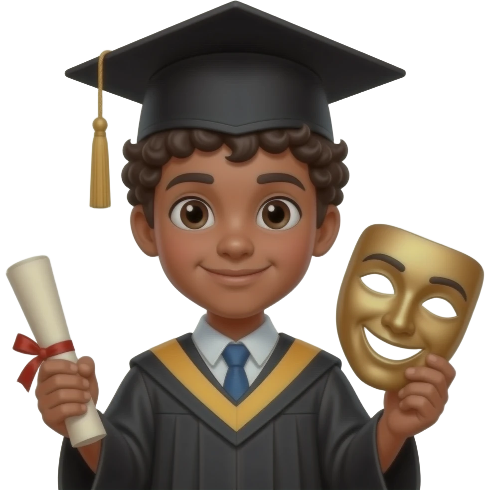 create me an emoji-style png of a grown up black boy student with short black curly hair wearing a classic black graduation cap major, in a style of "theater" major. In one hand hes holding a rolled up graduation paper, and in the other hand holding a item that represents the theater major emoji