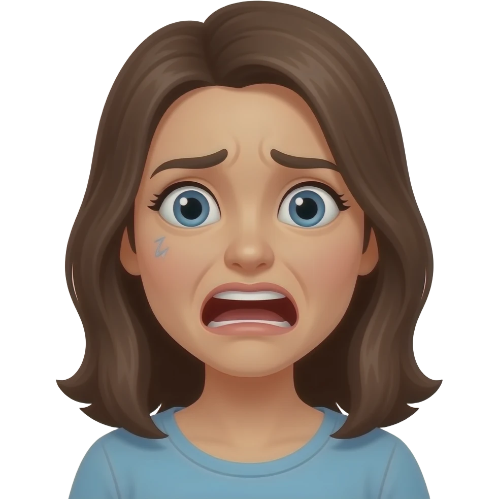 Create a shocked face that is laughing but in pain, make it femail, and make her laugh a little bit but still look like she is scared emoji