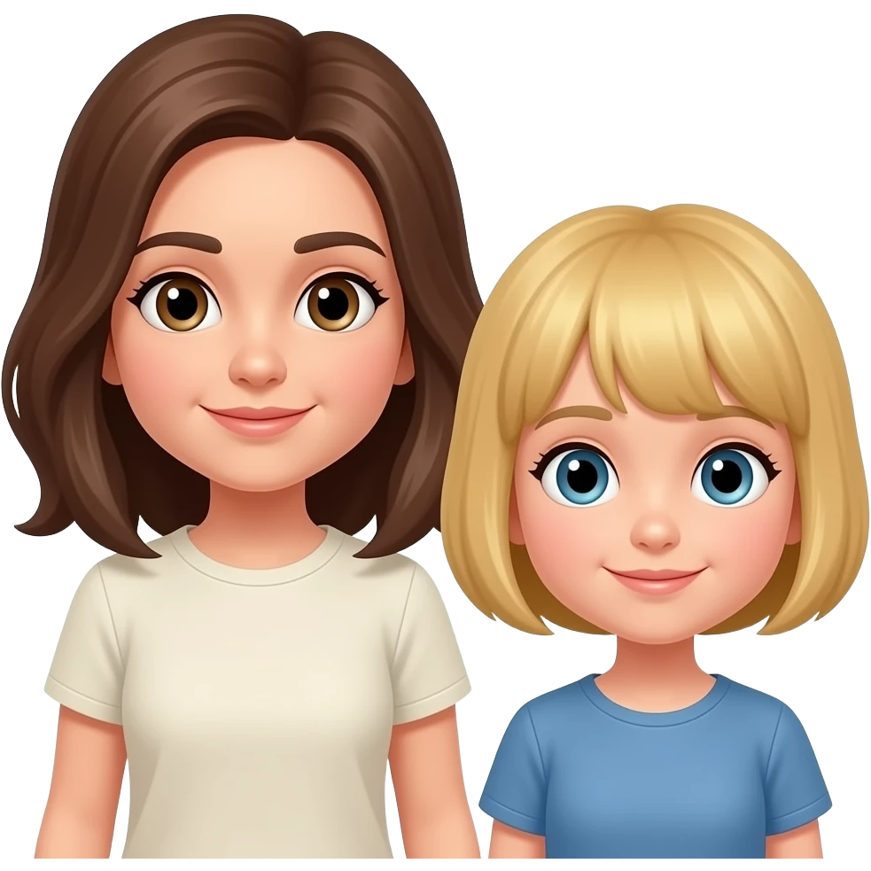 ein mädchen mit braunen haaren steht neben einem mädchen das kurze blonde haare hat das mädchen mit den blonden haaren hat keine stirnfransen und ist kleiner als das andere. emoji