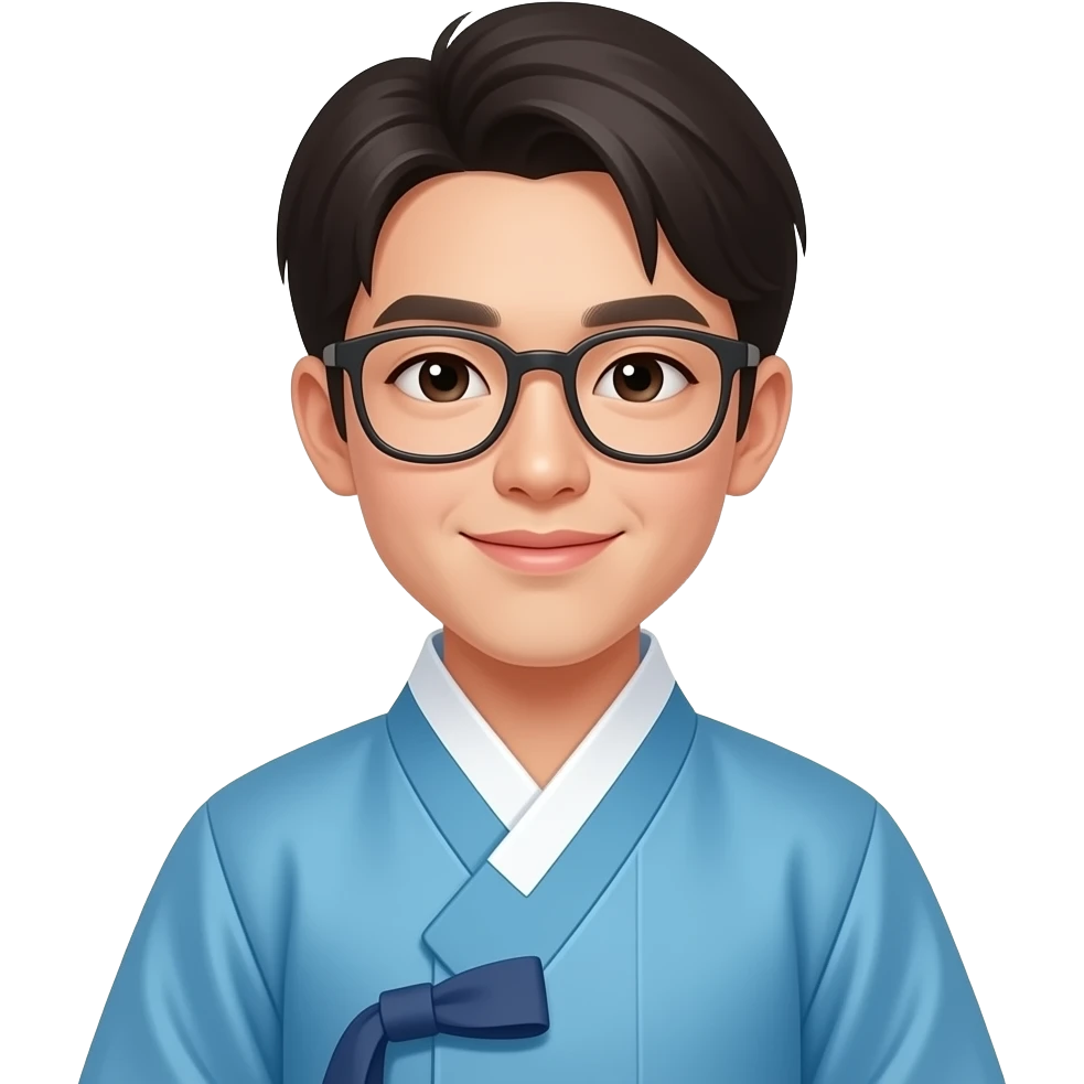 한국의 안경쓴 젊은 '한국갓'을 쓰고 하늘색 한복을 입은 선비 emoji
