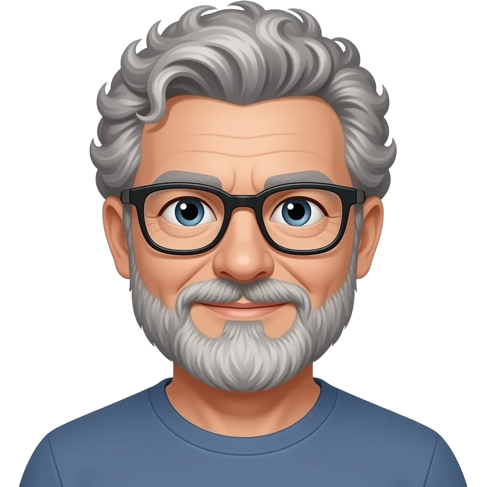 White man with curly salt and pepper hair with beard and glasses with more dark hair short side hair emoji