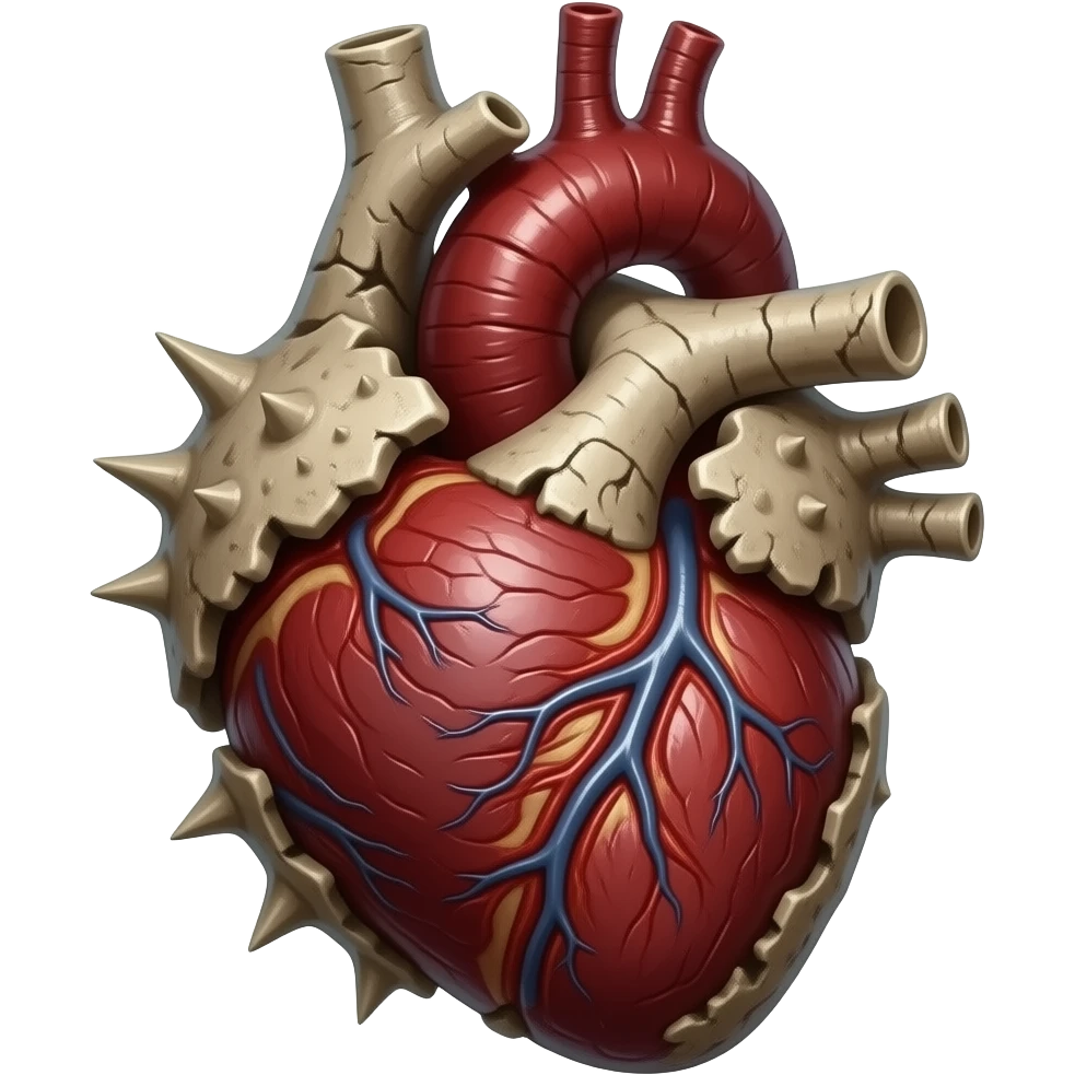 A corrupted draconic organ featuring deep crimson-red cardiac muscle, jagged ivory-gray osteoderms, sharp keratinous spikes, dense organic plating, intricate vascular textures, glossy moisture-rich surfaces, rugged biological growths." emoji