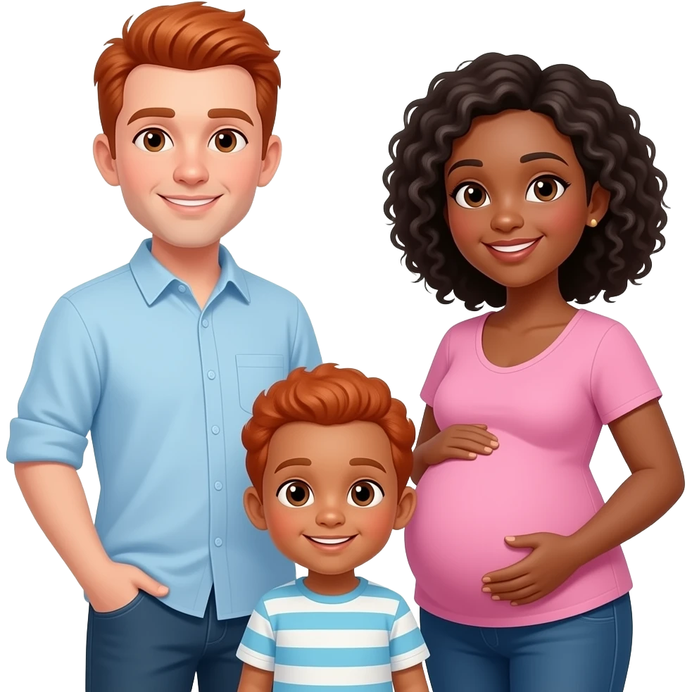 White man red hair pregnant black woman and biracial toddler with red hair family emoji