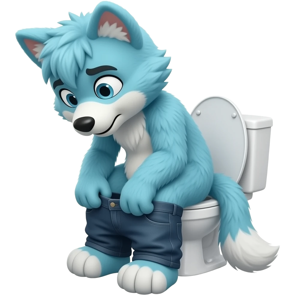 blue fursuit sitting on toilet, back view , pants down, pushing, straining face,  uncomfortable, emoji