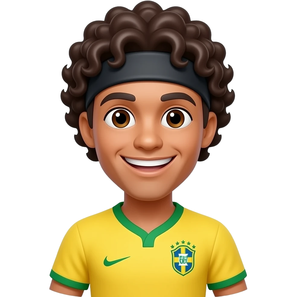 Ronaldinho-inspired football emoji character, chest-up only, centered, same curly dark hair, black headband, warm smile, yellow-green jersey, 3D glossy cartoon emoji style. Hide 0 red heart emoji objects. Clean colorful mobile puzzle composition, no text. emoji