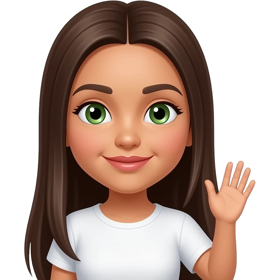 super long brown  middle part straight haired , tan girl with green eyes and big plump lips small button nose, and has a very cute round face and is a latina, from her chest up with a simplewhite shirt, has very straight eyebrows , soft feminine features, is waving, emoji