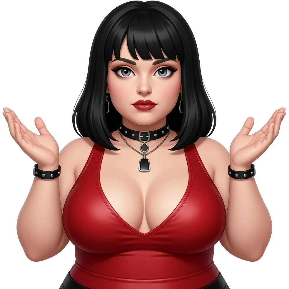 Heavyset goth woman with black hair and very large breasts Wearing a tight low cut red top with both hand palms upward emoji