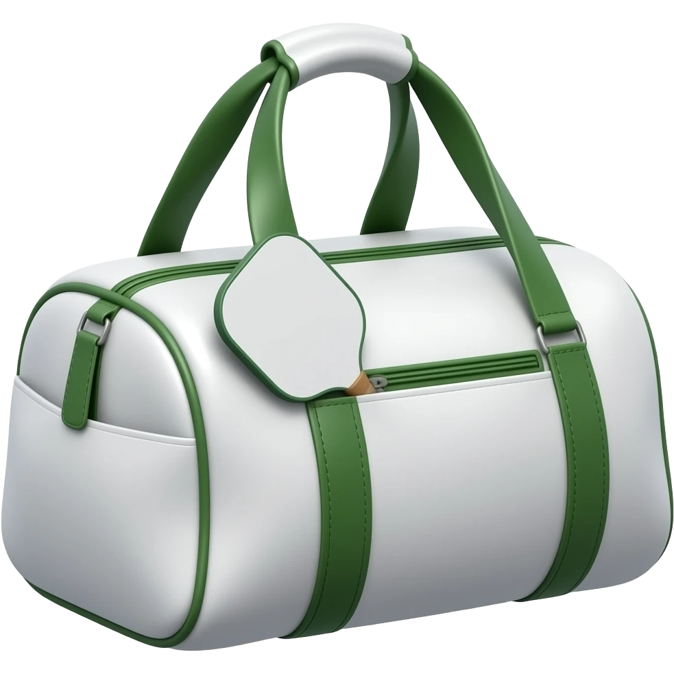 Apple iOS style white sports bag emoji, glossy 3D duffel bag with visible front paddle pocket holding a pickleball paddle, green accent details and piping, minimal luxury design, front-facing, smooth shading, ultra detailed, clean background, premium iOS emoji aesthetic emoji