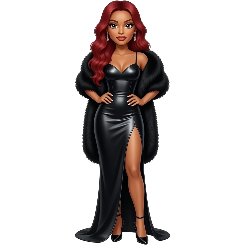 K. Michelle with dark brown eyes, long red hair, black fur shawl, black metallic long dress, black high heels emoji