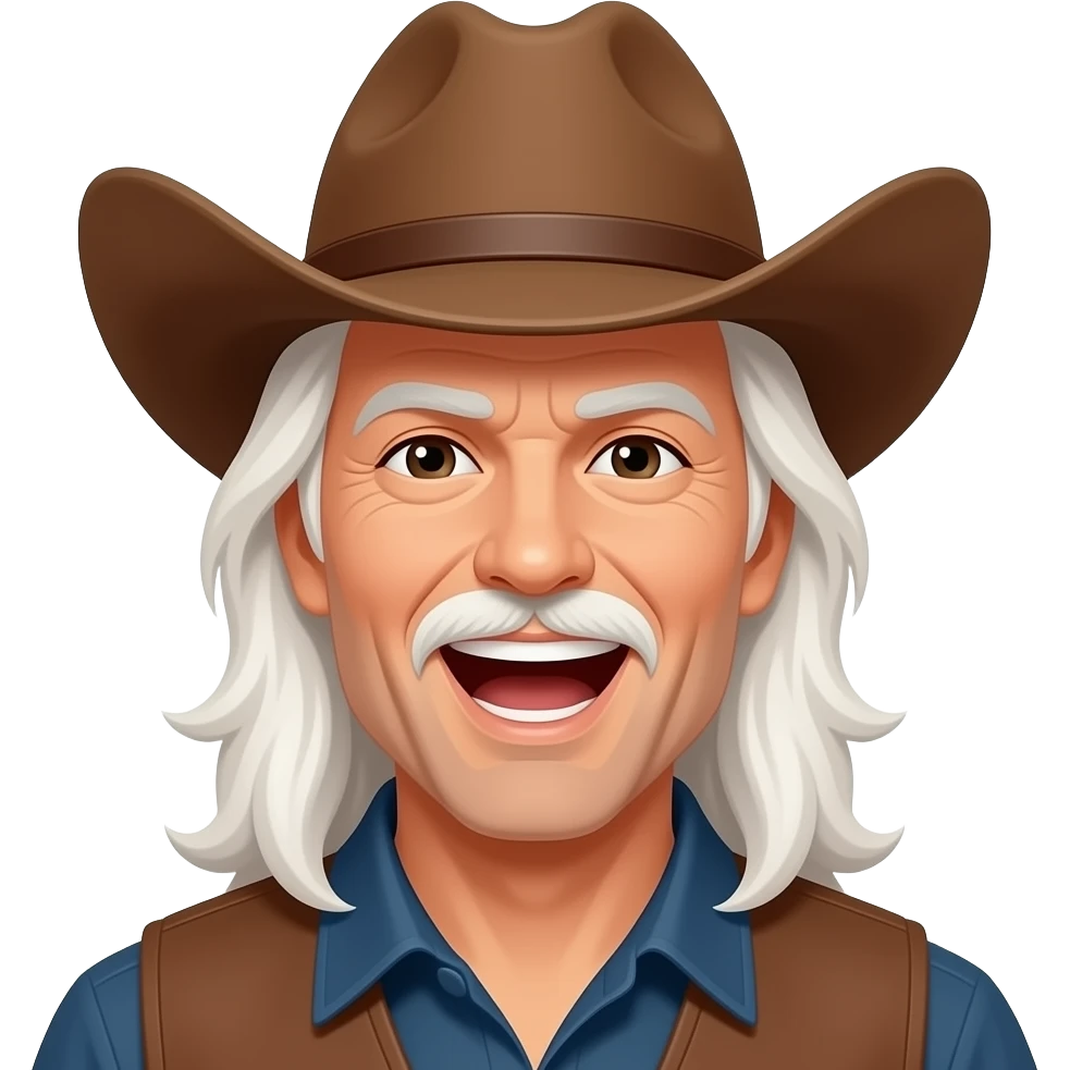 Emoji of man in brown cowboy hat with long white hair singing emoji