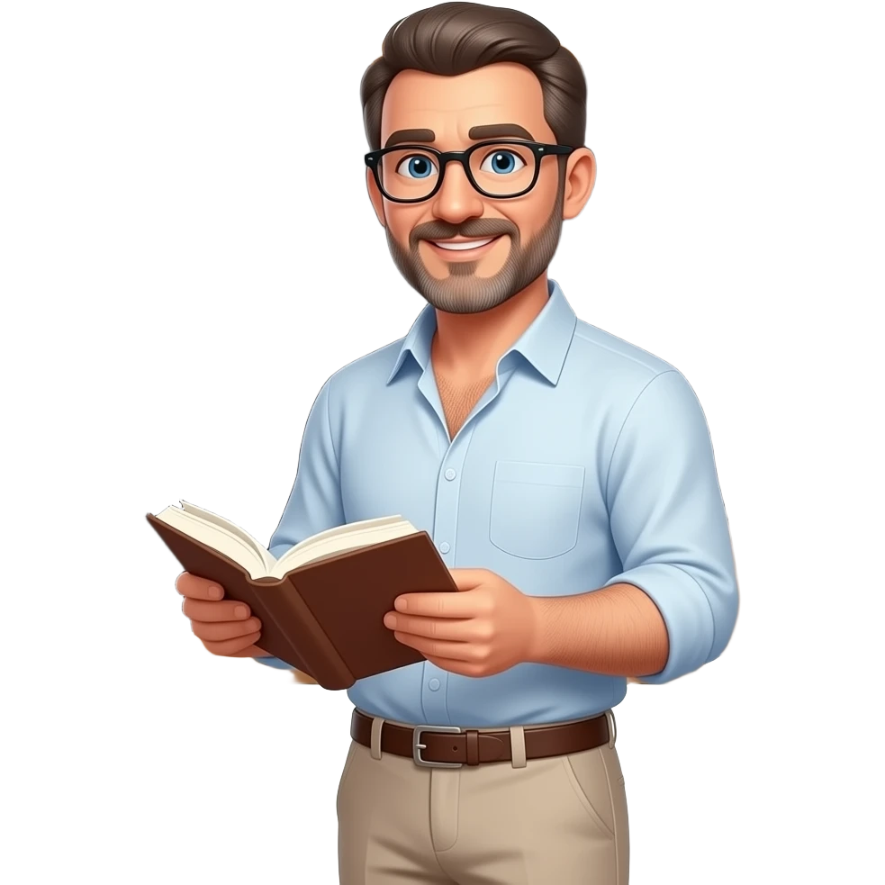 Portrait von einem nackten masculinen sexy Lehrer (40) mit Brille, Bart und weit offenes Hemd, so dass man seine behaarte Brust gut sehen kann. Und er trägt ein Gürtel und enge, helle  chinos. Er liest aus einem Buch vor, hinter ihm sieht man eine Tafel emoji