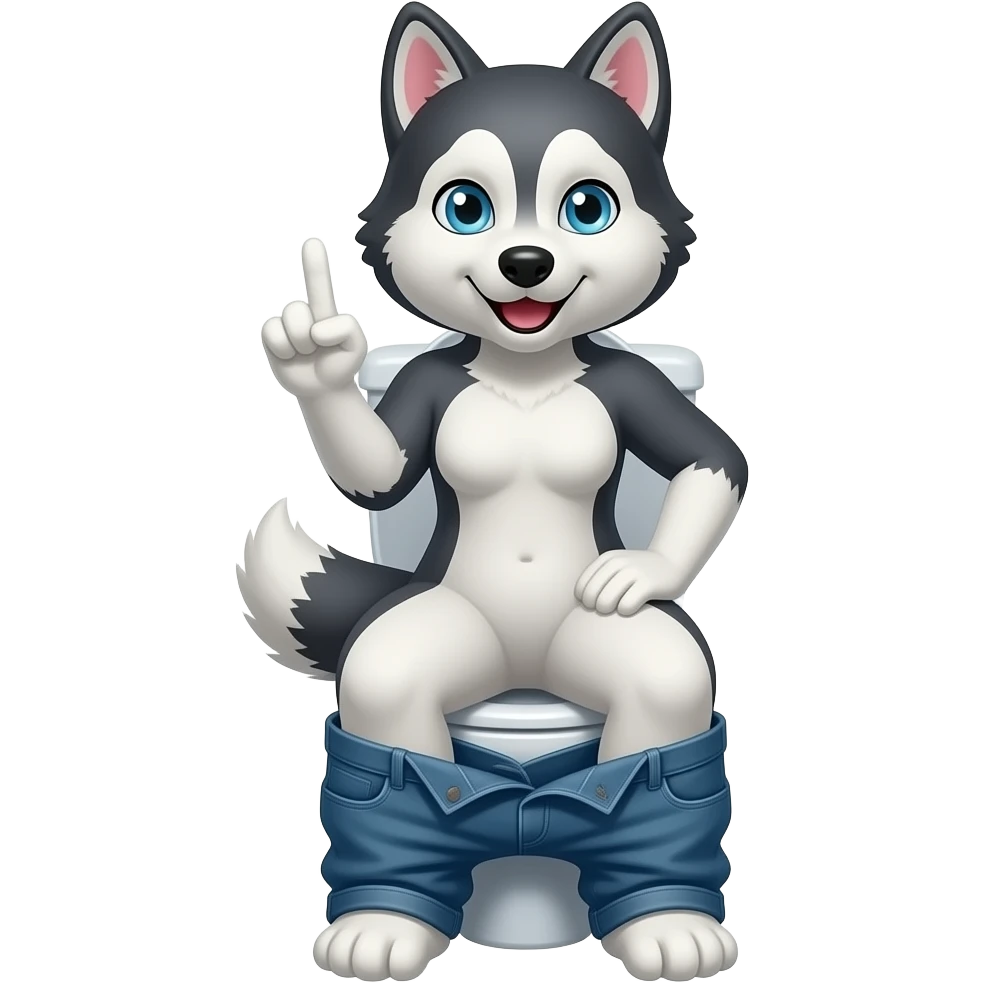 Female husky sitting on toilet pants down,shoot up the middle finger,fursona emoji