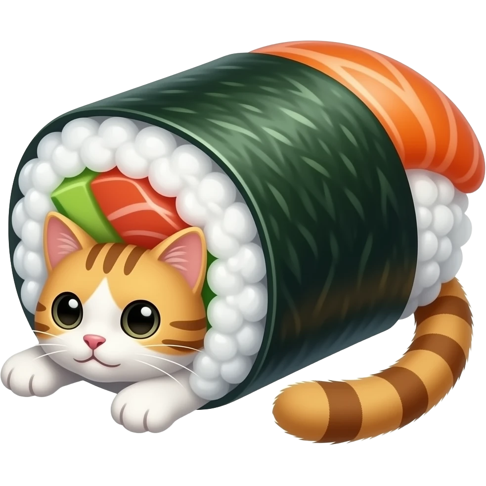 a cat rolled into a sushi handroll emoji