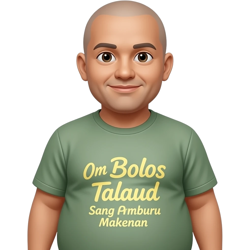 Buat agak gemuk dengan perut buncit setengah badan saja dan potongan rambut tipis sedikit botak dan tuliskan di baju Om Bolos Talaud Sang Pemburu Makanan emoji