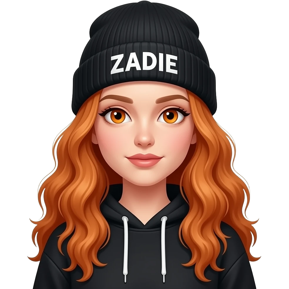 sexy girl with overlong wavy ginger hair and ginger eyes wearing a black hoodie with the hood atop her head and a black beanie with ZADIE written on it emoji