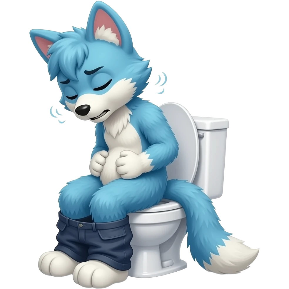 blue fursuit sitting on toilet, side view, pants down, hands on stomach, straining, eyes closed emoji