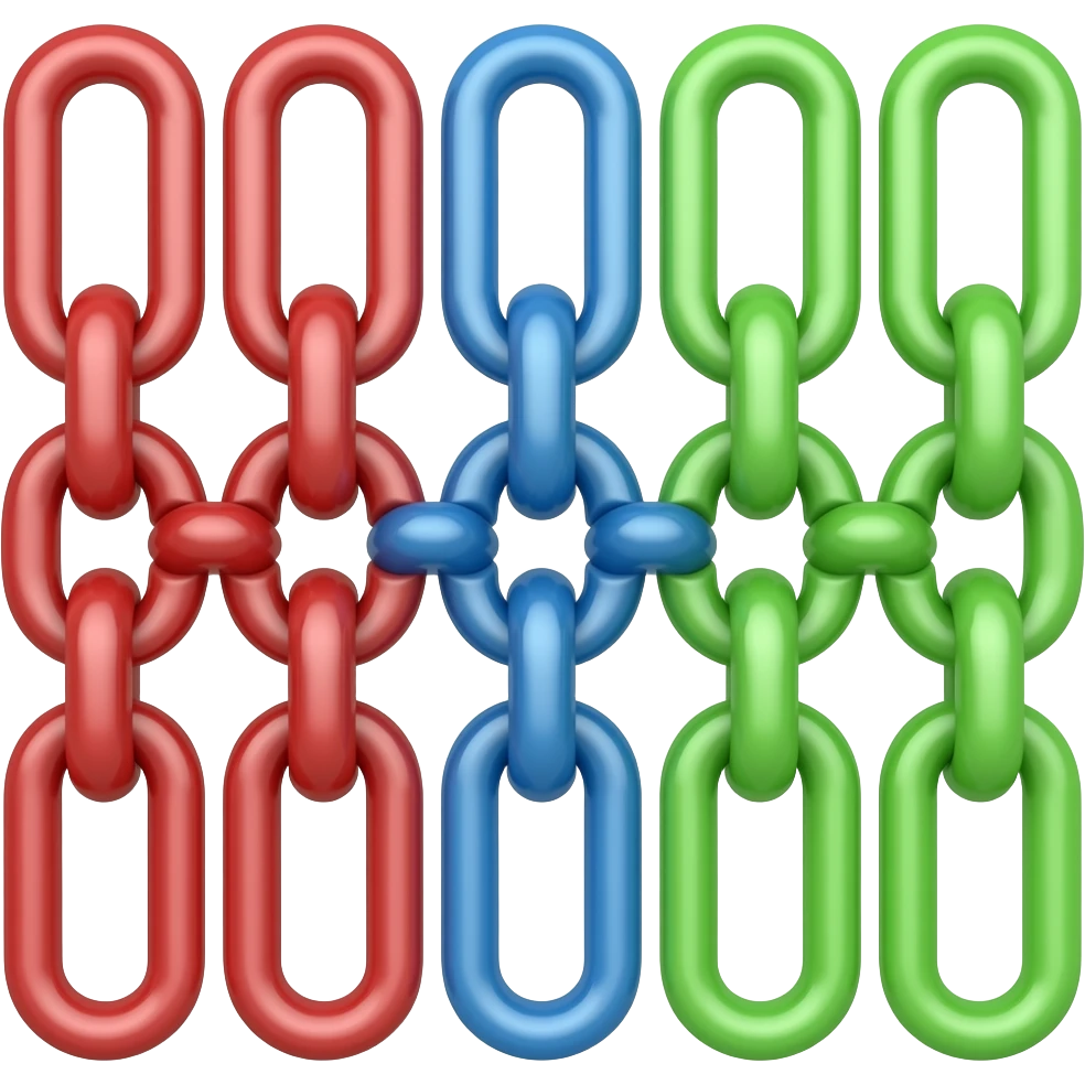 1 chain with 5 links in a row, 2 red links connected to 1 blue link connected to 2 green links emoji
