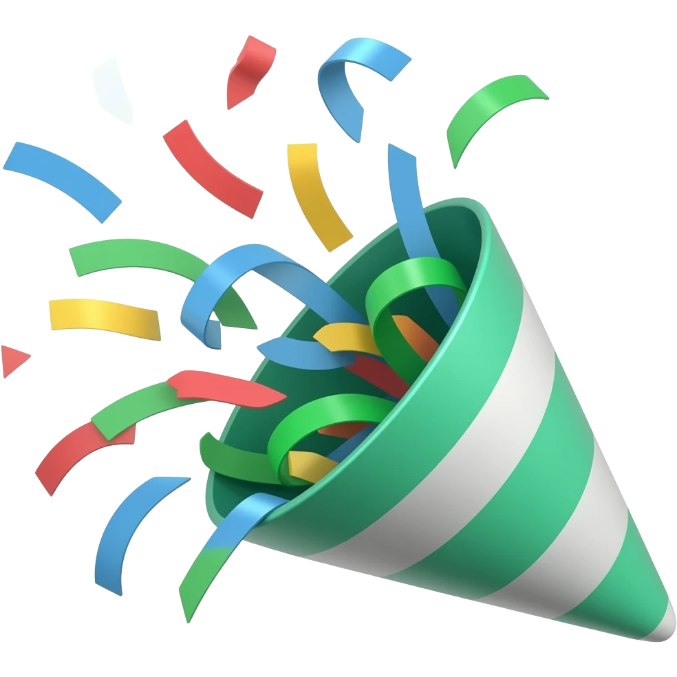 ios emoji style green party popper  with some confetti flying out from inside emoji