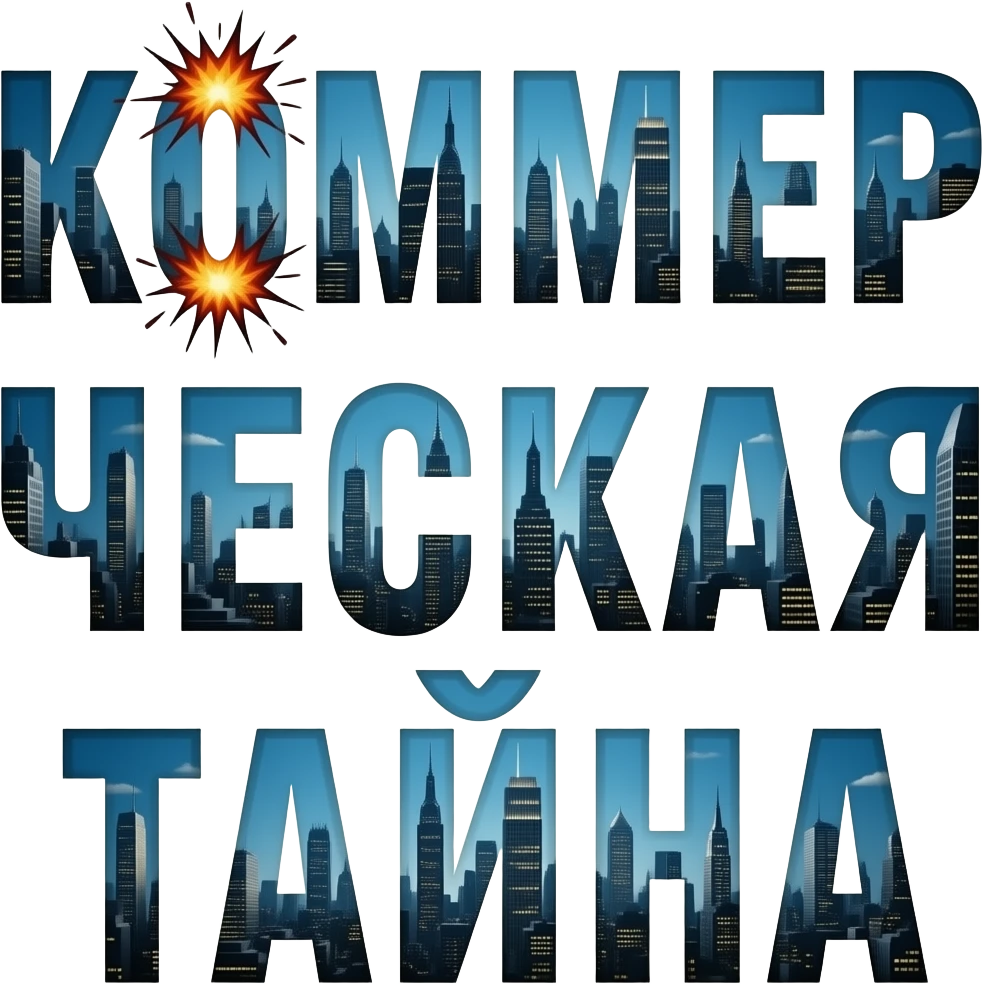 текст - КОММЕРЧЕСКАЯ ТАЙНА, в стиле бойцовского клуба, может часть букв взрывается как в финале Бойцовского клуба вызрывались небоскрёбы. . А буквы горят или взрываются. Сами буквы цвета тёмных небоскрёбов. На русском. КОММЕР на первой строке. ЧЕСКАЯ на второй, ТАЙНА НА ТРЕТЬЕМ emoji