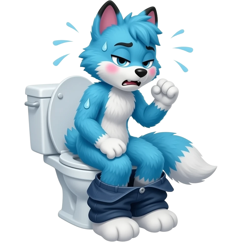 blue fursuit sitting on toilet, side view, pants down, straining face, blushing face, sweating, pain, pushing, both fits, discomfort, grunting emoji