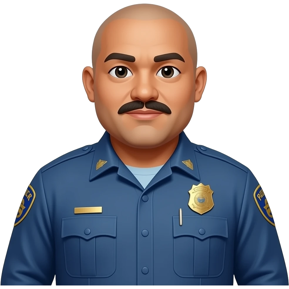fat filipino male police officer blue uniform with gold star badge, bald, pointed moustache, darker skin, fatter face, long sleeve emoji