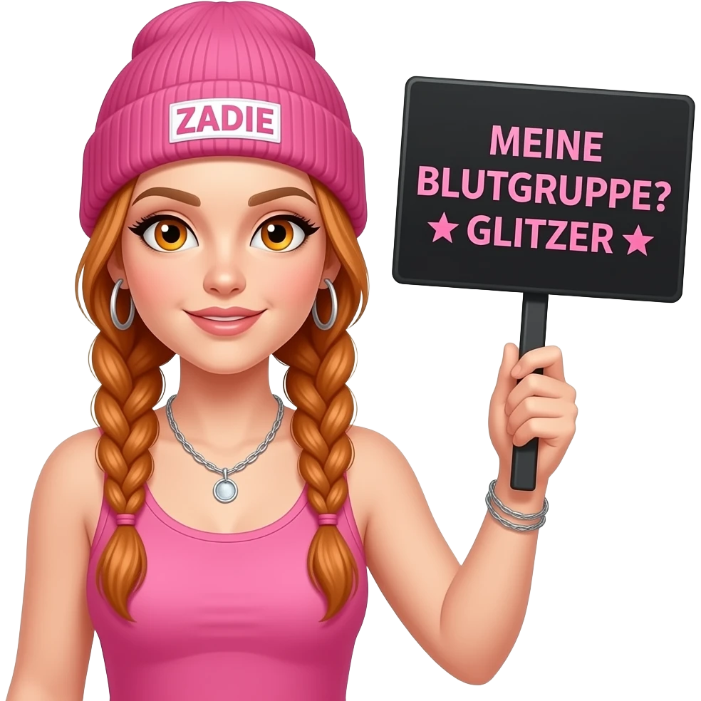 sexy girl with overlong ginger braids and ginger eyes wearing a pink tanktop and a pink beanie with ZADIE written on it, is holding a black sign with MEINE BLUTGRUPPE? ☆ GLITZER ☆  on it emoji